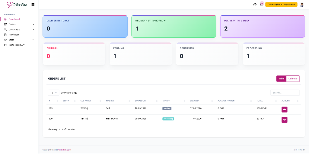 Tailor Flow Live ERP Dashboard Interface