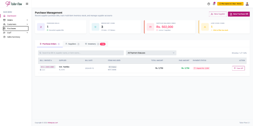 Tailor Flow Purchase Management and Supplier Bills Screen